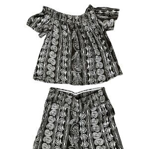 Olive Green 2Pc Beachy‎ Boho Rayon Off the Shoulder Top Wide Leg Pant Set S